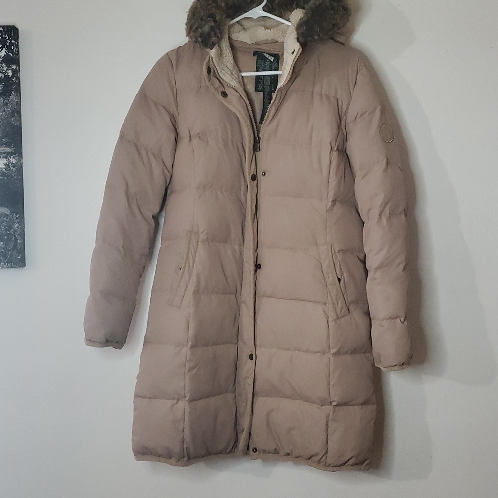 Womens Lauren Ralph Lauren Down Puffer Coat Size Medium Neutral Colored - Picture 1 of 16